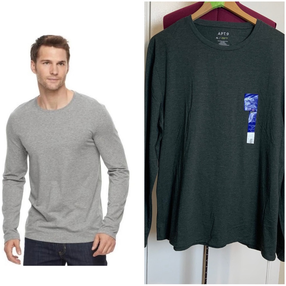 NWT Apt.9 Premier Flex Men’s Casual Long Sleeve Crew Gray Tee - Picture 1 of 7